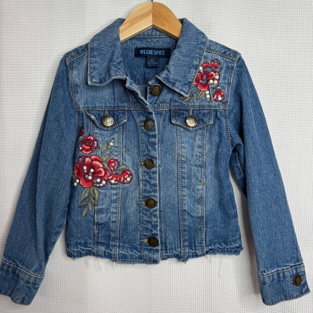 Blue Spice Girls Denim Jacket Size 7 Floral Embroidery Pearl Accents Medium Wash